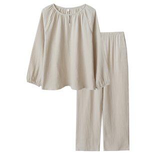 软fu云朵感睡衣女春夏季纯棉纱布双层薄款宽松长袖套头家居服套装