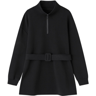 德玛纳气质通勤半拉链立领卫衣女春秋新款舒适宽松腰带休闲上衣