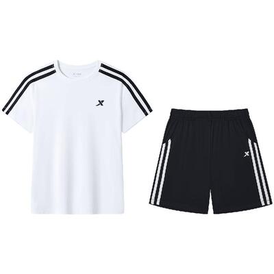 特步童装儿童条纹速干运动套装中大童夏季新款男童速干短袖两件套