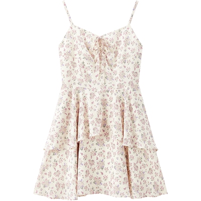 乐町碎花吊带v领连衣裙女装2026年春夏新品收腰A字裙双层裙摆裙子