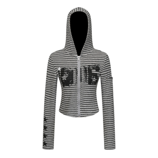 辣到中暑美式复古辣妹条纹印花拉链连帽卫衣修身显瘦短款开衫外套