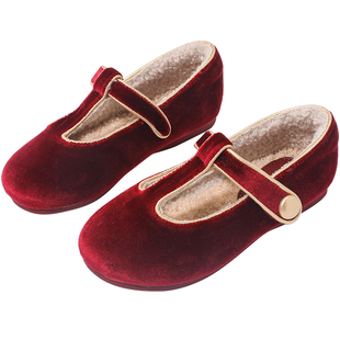 ABCdoukids女童皮鞋2025秋冬新年款红色丝绒面单鞋儿童加绒公主鞋