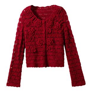 【1OO%羊毛】重工立体花朵 复杂镂空钩花圆领针织开衫上衣女