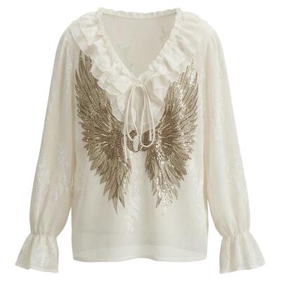 TCH设计感烫钻羽翼荷叶边V领米色宽松长袖气质衬衫女T78A13E1028