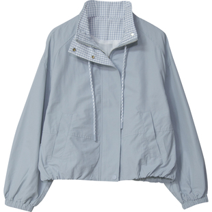 休闲立领短外套女2026春秋新款宽松薄款百搭格子拼接夹克上衣7609