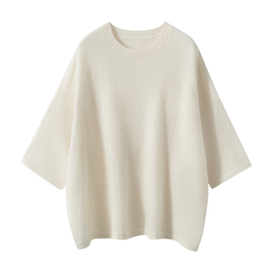 秋冬新款圆领山羊绒毛衣女七分袖大码慵懒风针织打底蝙蝠衫宽松