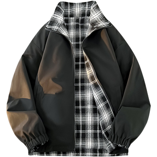 迈特优双面穿外套男女款2025新款立领休闲春秋季格纹行政痞帅夹克