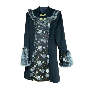 威丝璐 | 吉福喵 原创马蹄袖口撞色拼霜色毛条云肩改良旗袍毛呢裙