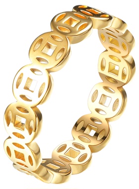 铜钱戒指钛钢不掉色钱多金色