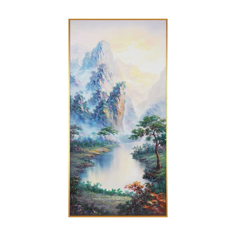 聚宝盆山水油画手绘新中式现代风景聚财抽象客厅装饰画玄关挂画