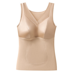 缎面拼接网纱内衣带胸垫一体式无痕修身大码秋冬护肚贴片保暖背心