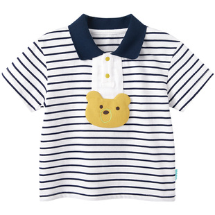 博睿恩男女宝宝短袖2026春夏儿童翻领条纹可爱小熊纯棉T恤上衣