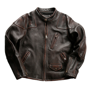 毒液同款意大利黄牛皮皮衣男立领机车阿美咔叽真皮夹克牛皮古着旧