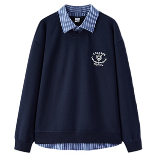 森马卫衣男冬季学院风假两件情侣装加绒2025新款oversize绣花上衣