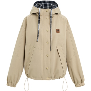 KBNE巴恩风工装短外套女2025秋季新款格纹连帽百搭小个子长袖夹克