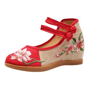 清仓老北京布鞋内增高绣花鞋民族风高跟汉服鞋坡跟舞蹈厚底单女鞋