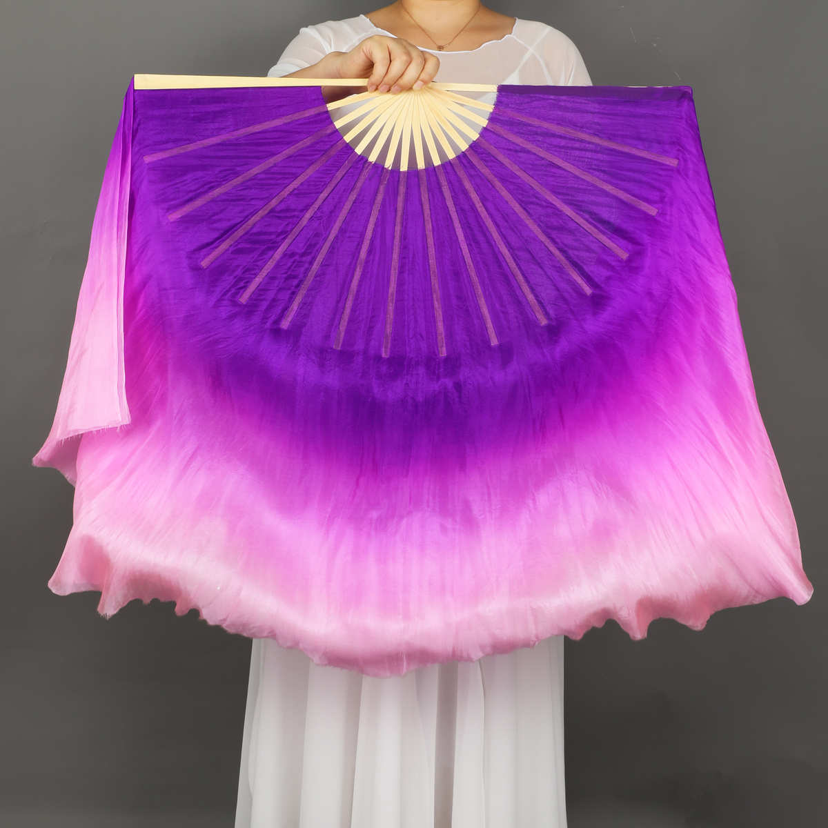 扇骨风韵真丝舞蹈扇紫粉渐变双面加长扇胶州秧歌花鼓灯小花戏道具