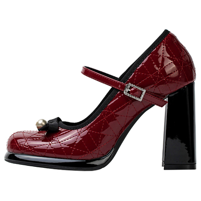 Miaolv College红色玛丽珍鞋女粗跟一字带扣高跟鞋百搭浅口单鞋子