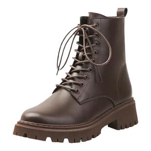 真皮马丁靴女加绒2026年春季新款粗跟英伦风棕色厚底高跟短靴机车