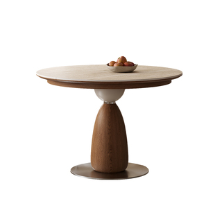 洞石岩板实木伸缩圆形餐桌变椭圆形拉伸桌子小户型现代简约折叠桌