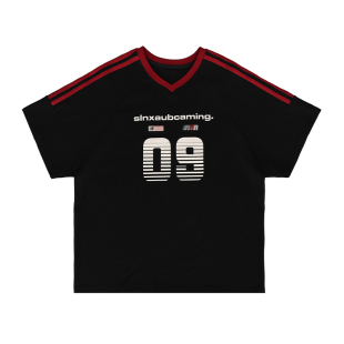 FDR官方店 09印花V领撞色短袖t恤男女夏季美式复古运动宽松上衣