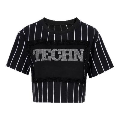 烫钻时尚休闲设计条纹字母T恤