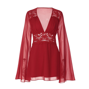 gusty南法风情正红色大女主连衣裙女纯欲辣妹风蕾丝拼接雪纺裙子