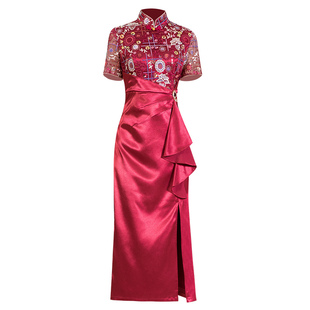 多丽琦新款改良旗袍裙红色喜妈妈敬酒服高级婚宴喜婆婆复古连衣裙