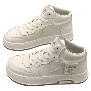 真皮高帮鞋女单鞋2026年春季圆头系带厚底休闲小白鞋女高邦板鞋子