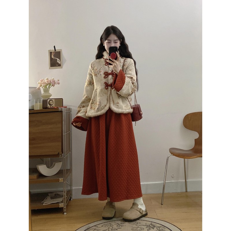 新年战袍套装女大码冬季胖mm新中式国风加厚棉服外套＋高腰半身裙