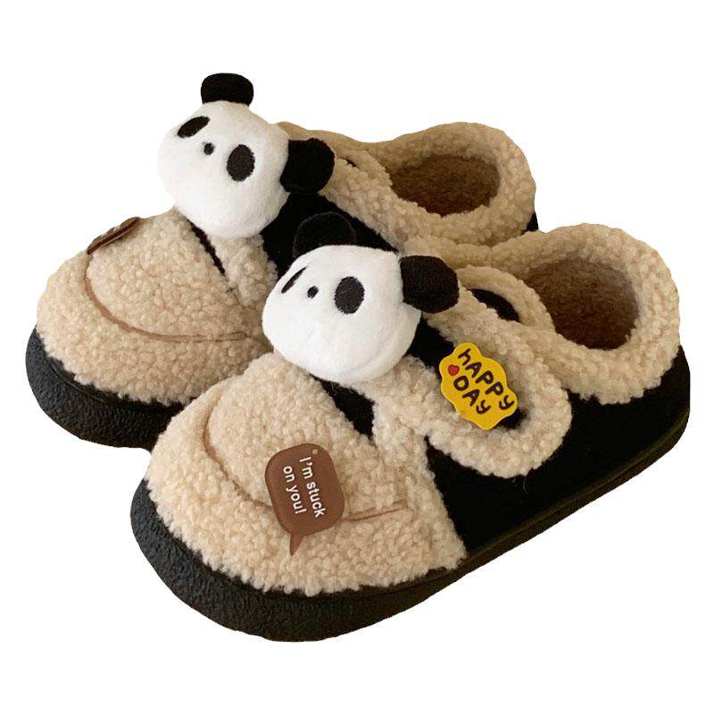 细细条 羊羔毛创意魔术贴亲子棉鞋网红可爱熊猫冬季外穿豆豆鞋女