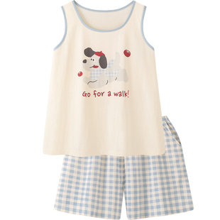 〖番茄小狗〗可爱卡通睡衣女款夏凉感纯棉背心短裤情侣家居服男款