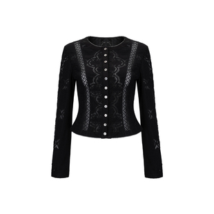 Bettychow 弹力蕾丝镂空开衫黑色法式休闲风长袖圆领性感针织衫