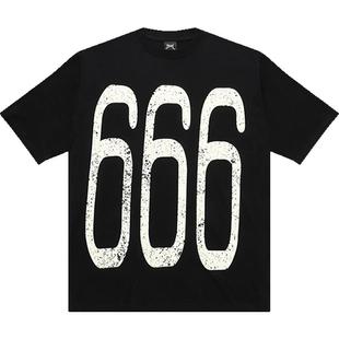 SKG 恶魔666圆领美式撞色做旧春夏季情侣街头宽松短袖男女重磅T恤