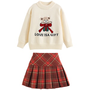 女童拜年服套装冬装2026新款儿童套头毛衣新年衣服百褶裙子两件套