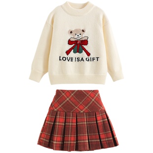 女童拜年服套装冬装2026新款儿童套头毛衣新年衣服百褶裙子两件套