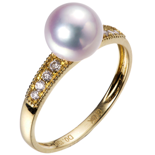 日本天然Akoya海水天女珍珠戒指18K黄金镶嵌钻石经典镂珠边宫廷