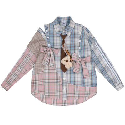 长袖衬衫拼色露肩蝴蝶结格子