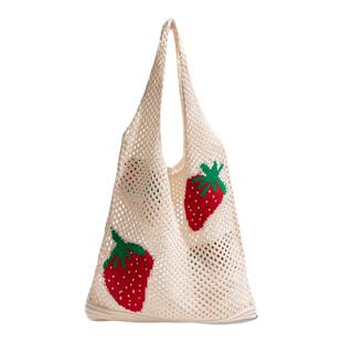 格调studio简约草莓印花针织包包女式2025年新款单肩包镂空托特包