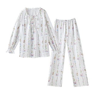 嫚熙春秋果柔棉纯棉哺乳孕妇产妇产后带胸垫睡衣月子服家居服套装