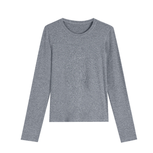 pusumede简意轻描 花灰色圆领长袖T恤女设计感刺绣修身打底衫上衣