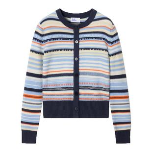 BLUE ERDOS冬季新品气质简约羊毛羊绒圆领灰蓝条纹女开衫针织衫