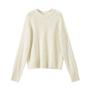 YANGLE_白色毛衣女2025冬季新款韩系慵懒宽松绵羊毛绞花针织上衣