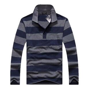 有领男士长袖T恤中老年翻领男式t血条纹外穿上衣休闲带领棉秋衣