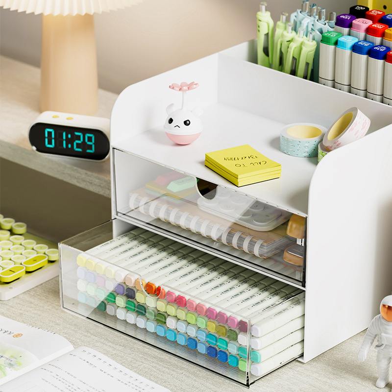 简约抽屉式化妆品桌面收纳盒文具杂物马克笔笔筒置物架分层彩色笔
