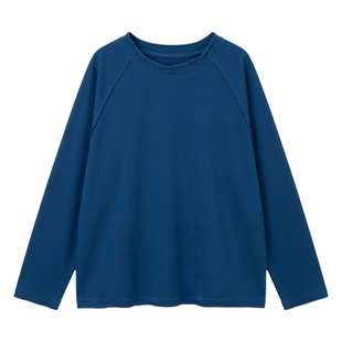 湖蓝色宽松卷边插肩袖圆领长袖T恤女春秋新款慵懒松弛感打底上衣