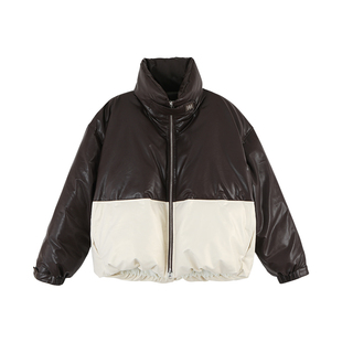 【商场同款】X--MOOM冬季新款撞色环保皮羽绒服宽松短外套女