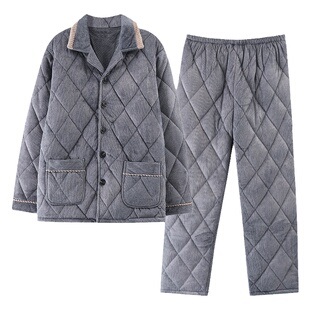 浪莎冬季睡衣男款加厚加绒三层夹棉保暖珊瑚绒冬天棉袄家居服套装