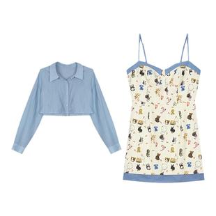 安妮不火动物园涂鸦吊带连衣裙女2024夏季新款微胖大码可爱小裙子