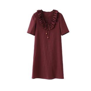 popchrio◆法式优雅荷叶边u领短袖连衣裙度假风宽松休闲直筒裙子